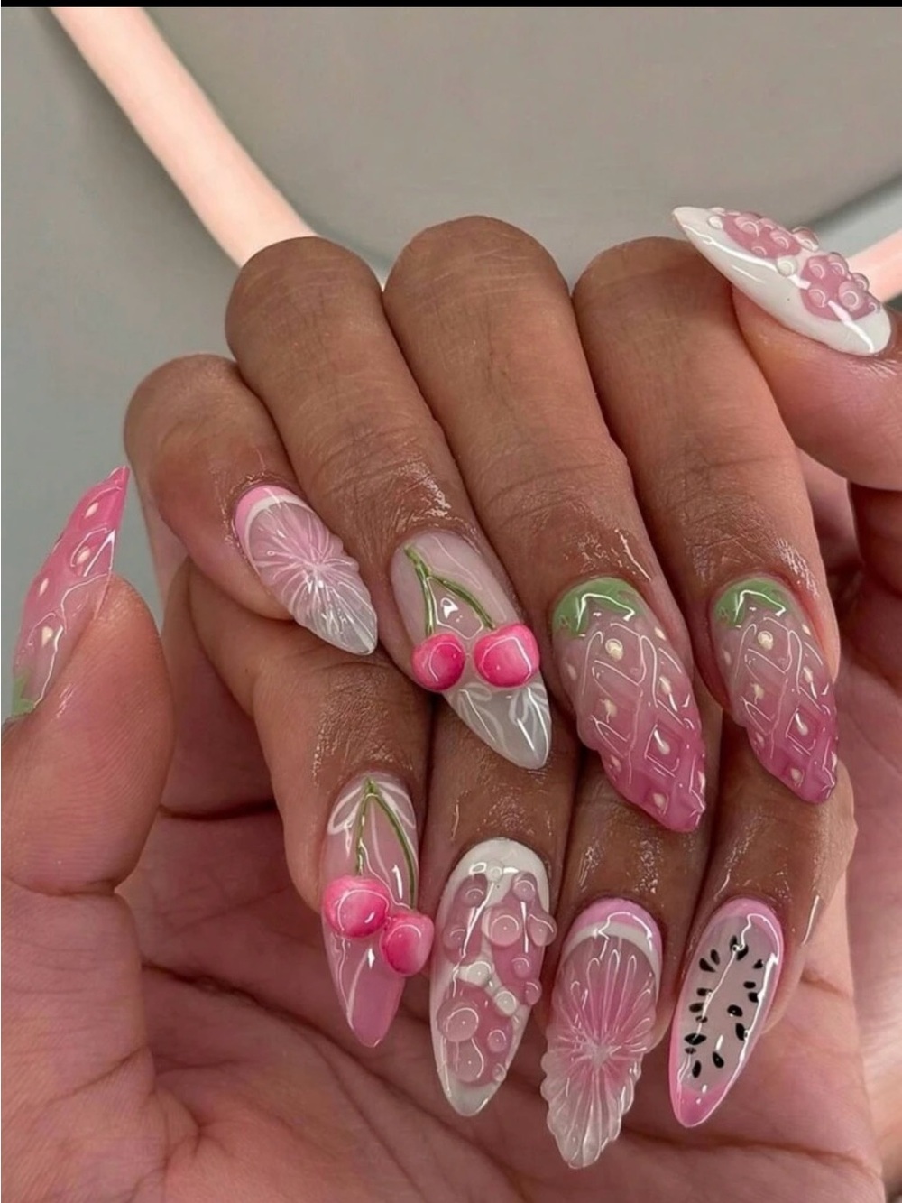 Pink 3D Fruit & Floral Acrylic Nails